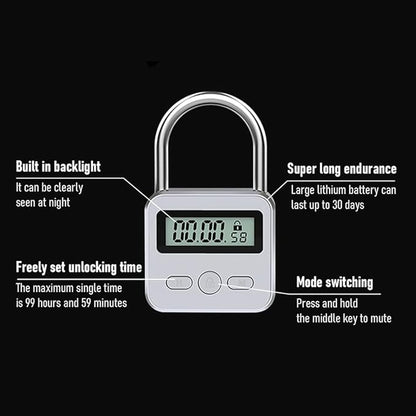 Metal Timer Lock, 99 Hours Max Timing Lock, USB Rechargeable Timer Padlock with LCD Display, Multi-Function Micro Electronic Timer Lock, Heavy Duty Metal Time Out Padlock(Silver)