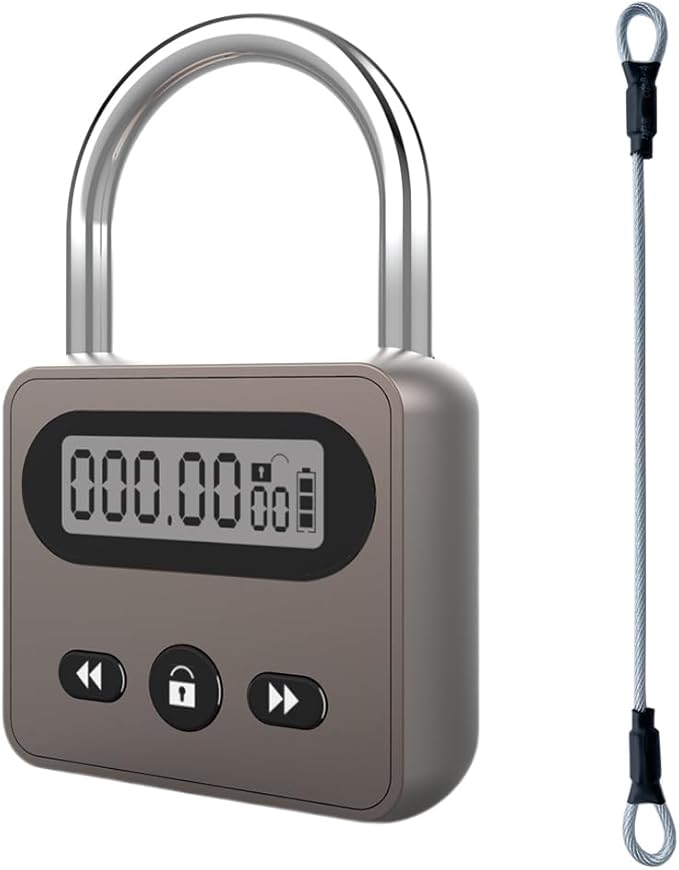 999 Hour Metal Timer Lock, Max Timing Over 1 Month with LCD Display Multi-Function Electronic Time, USB Rechargeable Timer Padlock for Kitchen Cabinets, Phones, Snack, Liquor, Game Consoles (Black)