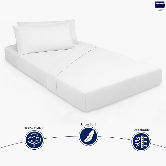 Cottingon 33"x75" Cot Sheet and Pillow Case 4 Piece Set, 100% Egyptain Cotton Soft Bedding Perfect for Rollaway, Folding, Guest Bed Frame, Fits Upto 7" Deep Mattress, White Solid