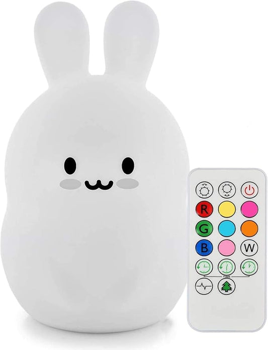 Animal-Shaped Night Light, Rechargeable LED Soft Silicone (BPA Free) Bedside Lamp for Children/Adults, Adjustable Brightness and 9 Colors by Touch Control & Remote Control (Big Rabbit)