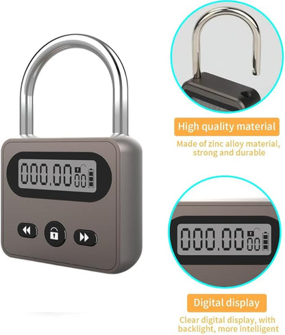 999 Hour Metal Timer Lock, Max Timing Over 1 Month with LCD Display Multi-Function Electronic Time, USB Rechargeable Timer Padlock for Kitchen Cabinets, Phones, Snack, Liquor, Game Consoles (Black)