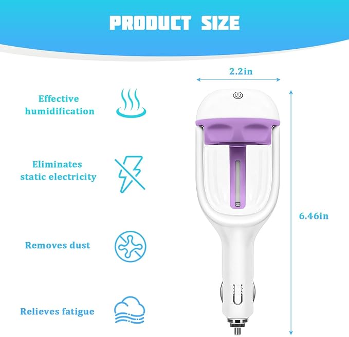Car Mini Humidifier, Auto Shut-Off 180-Degree Rotation Small Vehicle Purifier Diffuser for Travel, Portable Plug-in Compact Automotive Air Humidifier, Universal for Most Vehicles (Purple)