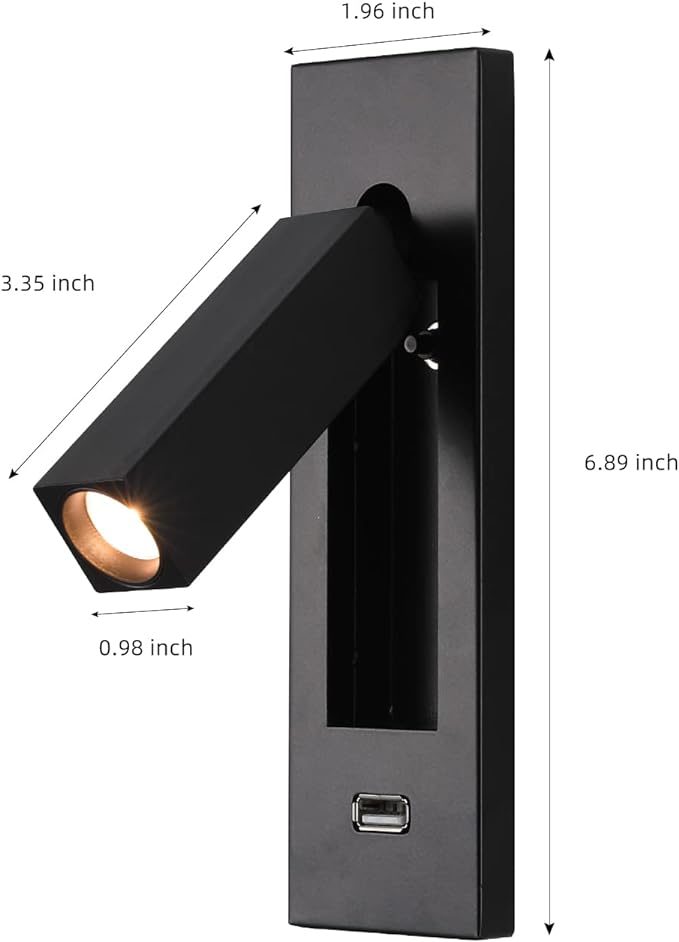 Wall Mounted Reading Light with USB, LED Bedside Reading Light with Switch, Adjustable Recessed Headboard Reading Lights Wall Sconce for Reading, Hardwired Reading Spotlight for Bedroom (Black)