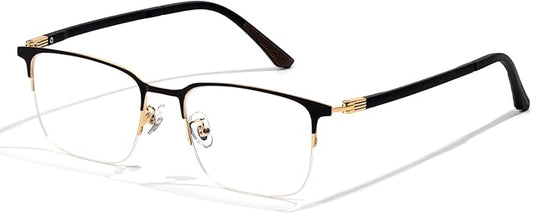 Blue Light Blocking Glasses Men Computer Gaming Glasses Rectangle Metal Semi-rimless Black/Golden Frame Anti Glare/UV400 Clear Lens