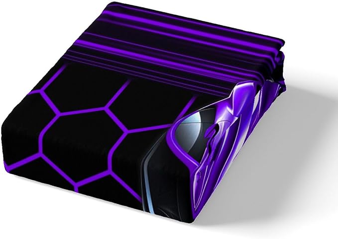 Racing Car Theme Fitted Sheet Neon Lines Honeycomb Geometric Bed Sheet Set for Kids Children Teens Purple Sports Car Bed Cover Toddler Bedroom Decor,Twin Size