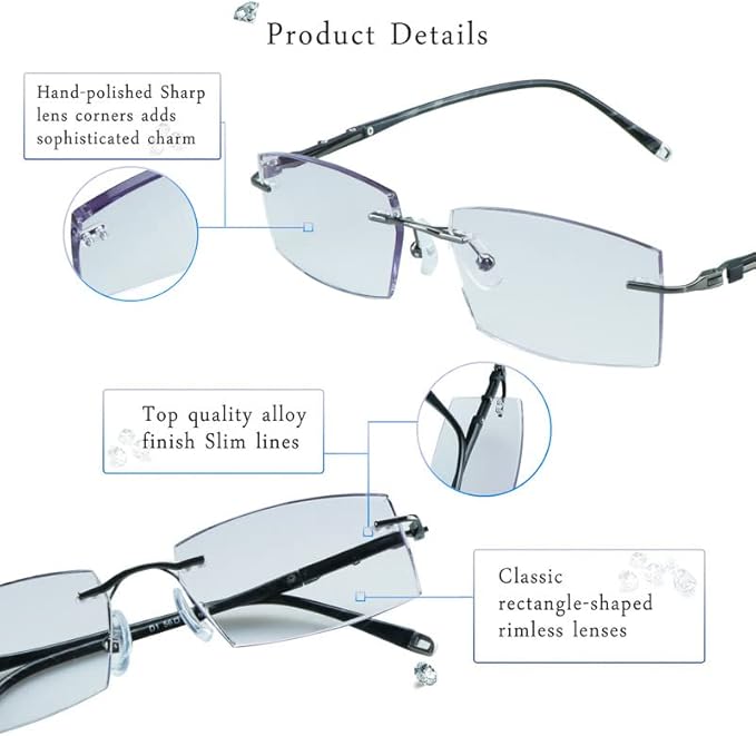 LifeArt Blue Light Blocking Glasses,Computer Reading Glasses,Rimless Frame Tinted Lens with Diamond,Stylish for Men (+2.50 Magnification)