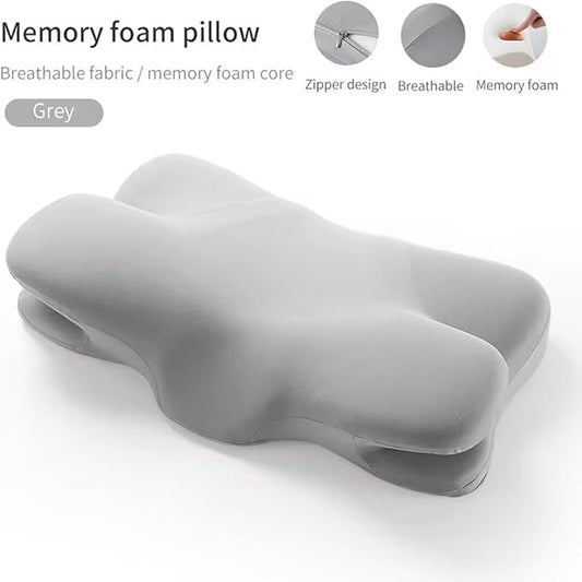 Ergonomic Memory Foam Pillow with Cotton Cover - Enhances Sleep, Orthopedic Design, Pressure Relief, Adjustable Loft. Contoured Fit for Neck & Shoulder Pain Alleviation (Light Grey)