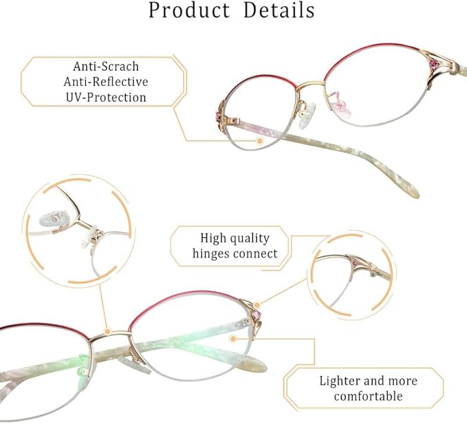 LifeArt Alloy Semi-Rimless Reading Glasses,Blue Light Blocking Glasses, Anti Eyestrain, Computer Gaming Glasses, TV Glasses for Women Men, Anti Glare (Rose Gold, +1.50 Magnification)