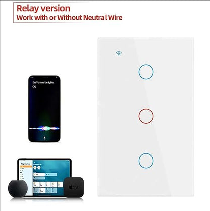 Smart Light Switch, Wi-Fi Enabled, White Glass Panel, Compatible with Apple HomeKit, Google Assistant, Alexa, No Neutral Wire Required, Touch Control (Wall Switch 3 Gang)