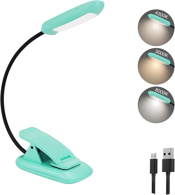 BIGMONAT Rechargeable Book Reading Light, Portable Bendable Neck, Brightness Adjustable with Eye Care Reading, Warm & White LEDs, Perfect for Kids, Bed Headboard & Travel (Blue, 1Pack)