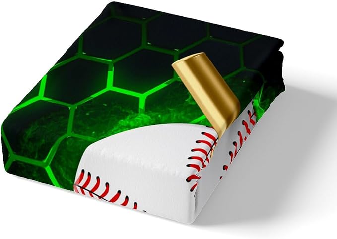 Manfei Baseball Sheet Set King Size, Sports Theme Bed Sheet Set 4pcs with Deep Pocket Fitted Sheet + Flat Sheet + 2 Pillowcases, Green Honeycomb Geometric Bedding Set for Kids Boys Adults Room Decor
