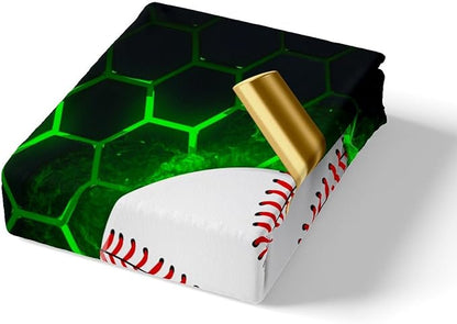 Manfei Baseball Sheet Set King Size, Sports Theme Bed Sheet Set 4pcs with Deep Pocket Fitted Sheet + Flat Sheet + 2 Pillowcases, Green Honeycomb Geometric Bedding Set for Kids Boys Adults Room Decor