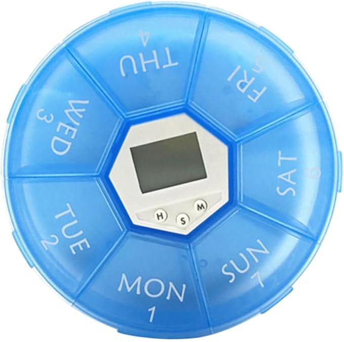 Mikinona Electronic Pill Dispenser with Alarm Clock Weekly Medication Organizer Box for Patients Blue Reminder Case with See-Through Lids for Easy Daily Medicine Management