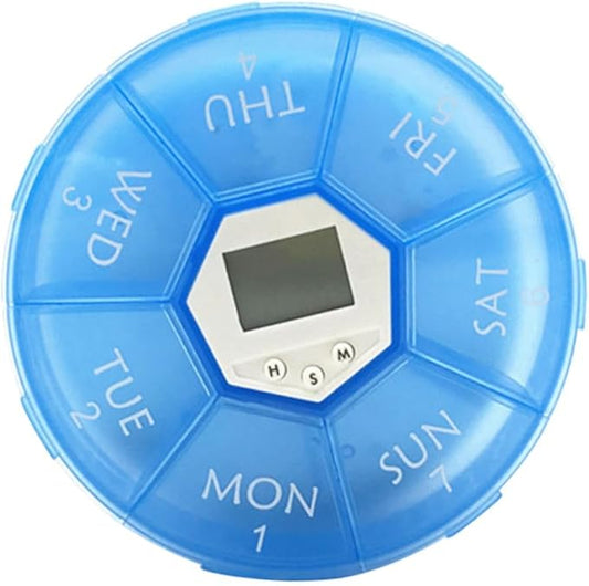 Mikinona Electronic Pill Dispenser with Alarm Clock Weekly Medication Organizer Box for Patients Blue Reminder Case with See-Through Lids for Easy Daily Medicine Management
