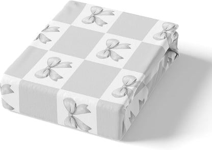 Gray Bowknot Fitted Sheet Geometric Gray White Plaids Grids Patchwork Bed Sheet Set for Kids Children Teens Princess Bow-tie Dreamy Girly Bow Bed Cover Toddler Bedroom Decor,Twin Size