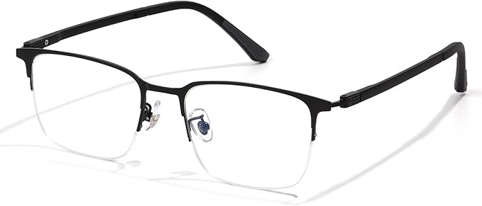 Blue Light Blocking Glasses Men Computer Gaming Glasses Rectangle Metal Semi-rimless Black Frame Anti Glare/UV400 Clear Lens