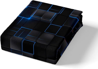 Manfei Blue and Red Sheet Set Full Size, Abstract Geometric Bed Sheet Set 4pcs with Deep Pocket Fitted Sheet + Flat Sheet + 2 Pillowcases, Black Square Lattice Bedding Set for Kids Boys Girls Adults