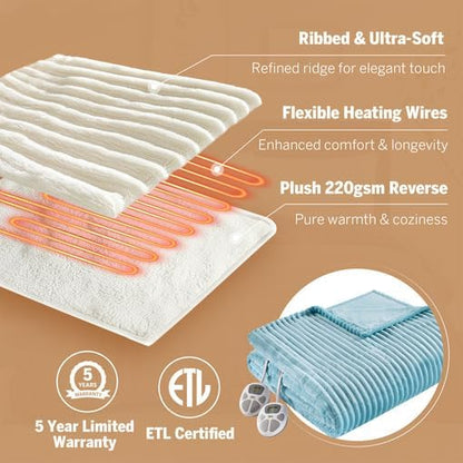 Serta Electric Blanket, Soft, Ribbed, Plush Heating Blanket King for Office, Couch, 1-12 hr Auto Shut Off Timer, 10 Lv Heating, ETL Certified, King 100"x90" Sky Blue