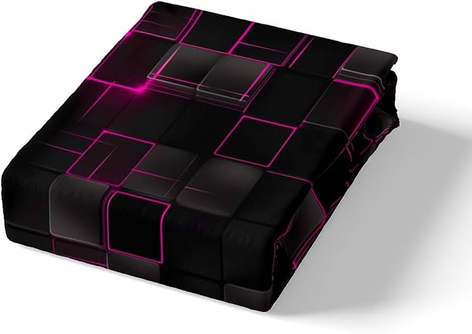 Manfei Abstract Sheet Set Queen Size, Modern Geometric Square Grid Bed Sheet Set 4pcs with Deep Pocket Fitted Sheet + Flat Sheet + 2 Pillowcases, Rose and Black Bedding Set for Kids Boys Girls Adults