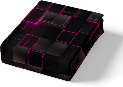 Manfei Abstract Sheet Set Full Size, Modern Geometric Square Grid Bed Sheet Set 4pcs with Deep Pocket Fitted Sheet + Flat Sheet + 2 Pillowcases, Rose and Black Bedding Set for Kids Boys Girls Adults