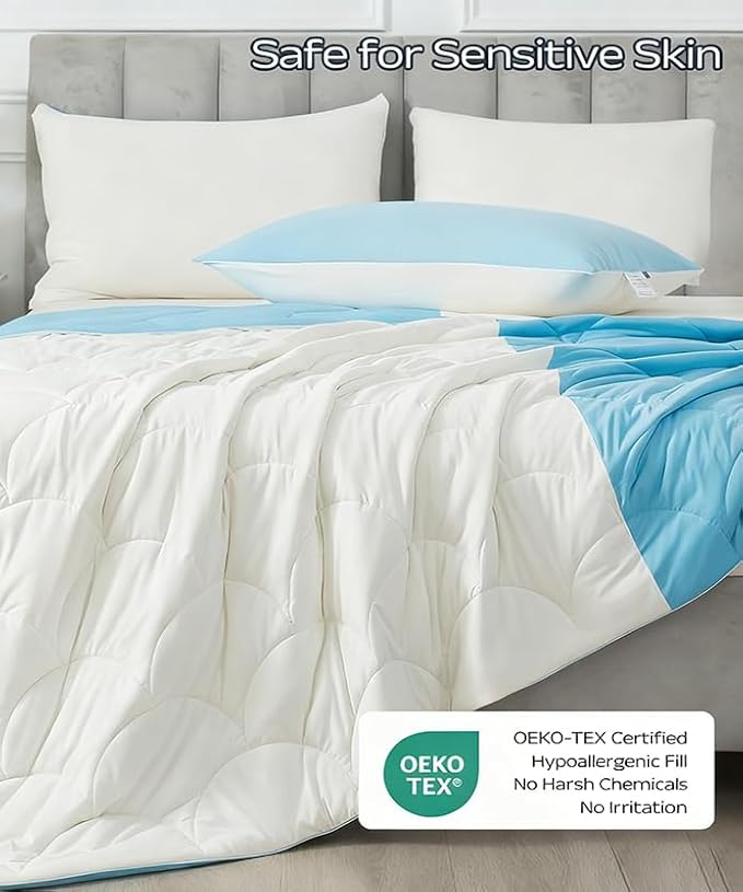 Cooling Blanket for Hot Sleepers - Lightweight Breathable Tencel Blend, Double Sided All-Season Comforter, Temperature Regulating & Machine Washable (Blue+White, King (90''x104''))