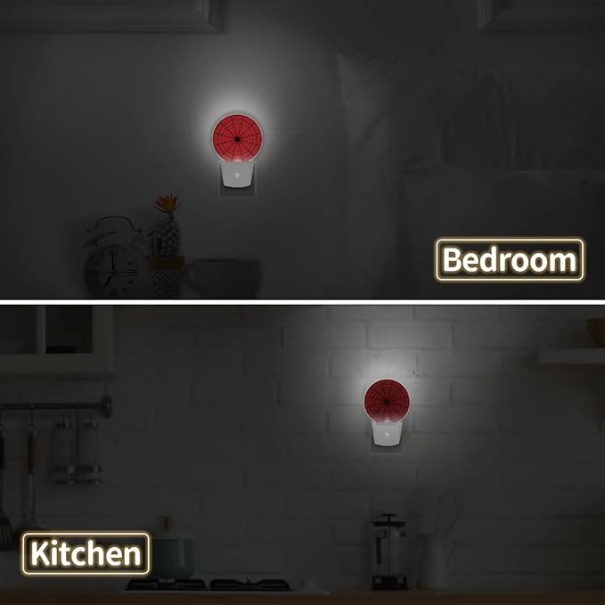 Red Spider Web Plug-in Led Night Light with Auto Dusk to Dawn Sensor for Boys Girls Room Decor, Wall Lamp Nightlights for Hallway,Bedroom, Kids Room, Kitchen, Stairway, (0.5W, 2 Pack)