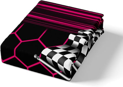 Extreme Sports Theme Bed Cover(1 Fitted Sheet+1 Pillow Case),Honeycomb Geometric Bedding Set for Kids Teens Room Decor,Black White Checkered Flag Bed Sheet Set Ultra Soft,3Pcs Full Size
