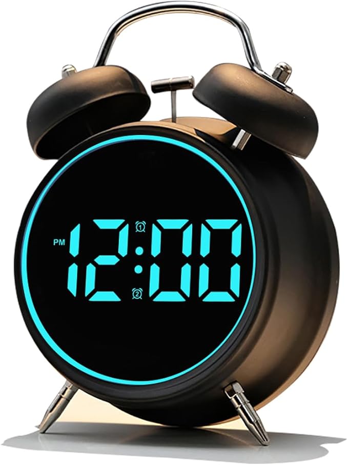 Extra Loud Alarm Clock for Heavy Sleepers Adults, Teens,Kids,Cute Retro Metal,Old Fashioned with Twin Bells,Battery Operated or Plug in,Small Digital Desk Clock
