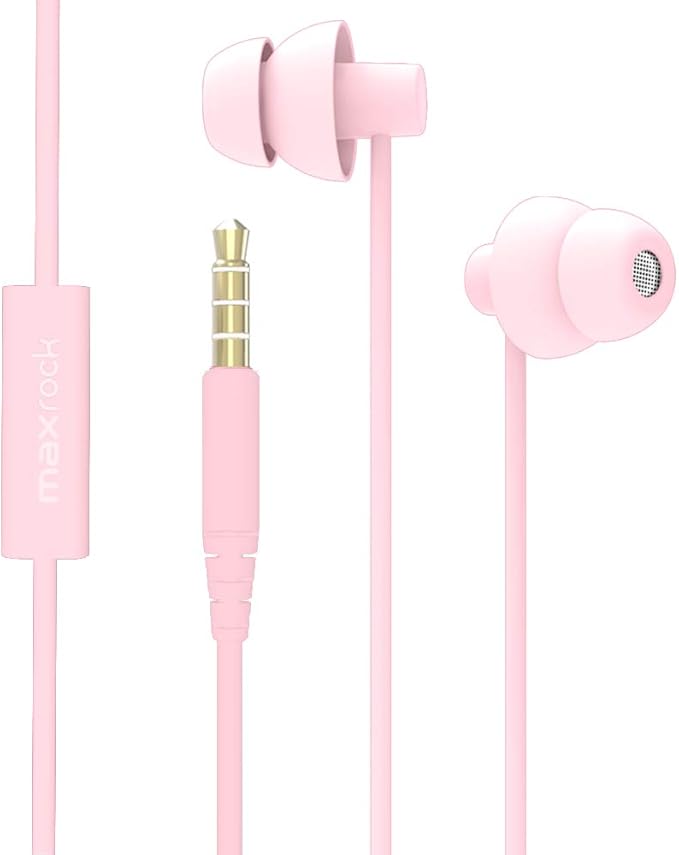 MAXROCK (TM Total Soft Silicon Headphones with Mic Sleep Travel Choice for Cellphones Tablets and 3.5mm Jack (Light Pink)