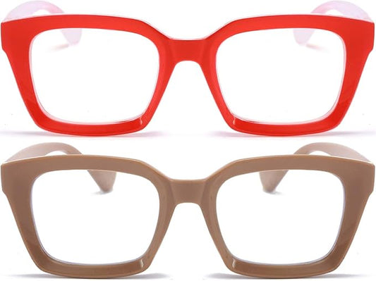REAVEE 2 Pack Stylish Oprah Oversized Blue Light Blocking Computer Glasses Women Ladies Non-Prescription Fake Eyeglasses Frames (Red/Coffee,0.0)