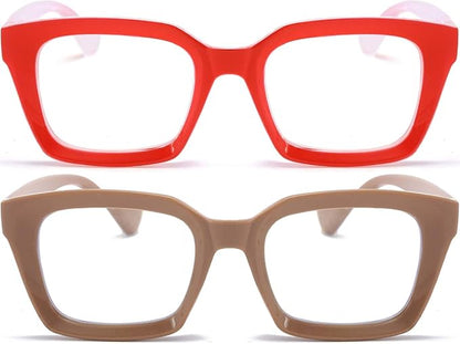 REAVEE 2 Pack Oprah Style Oversized Reading Glasses for Women Men Blue Light Blocking, Ladies Stylish RetroSquare Large Computer Readers (Red/Coffee 2.25x)