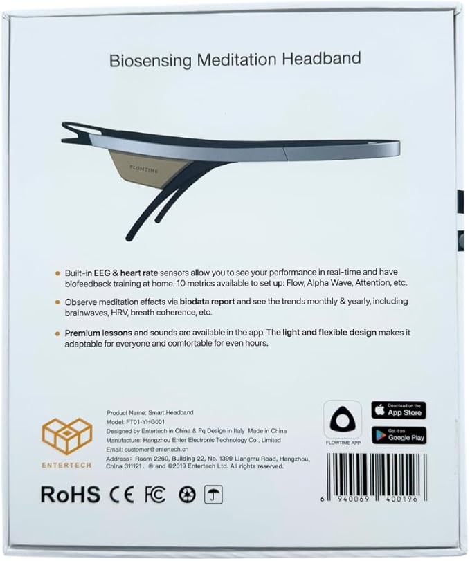 Flowtime: Biosensing Meditation Headband - Brain Tracker for Neurofeedback Training at Home - Heart Rate, Breath, HRV, Stress, Flow, Alpha, Theta, Beta, Gamma Wave Breakdowns