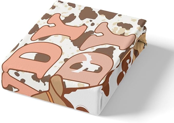 Western Ghost Fitted Sheet Set with 2 Pillowcase,Tribal Cowboy Hat Halloween Cute Ghost Microfiber Mattress Cover,Brown Cowhide Rustic Cow Fur Print Bed Cover Queen Size