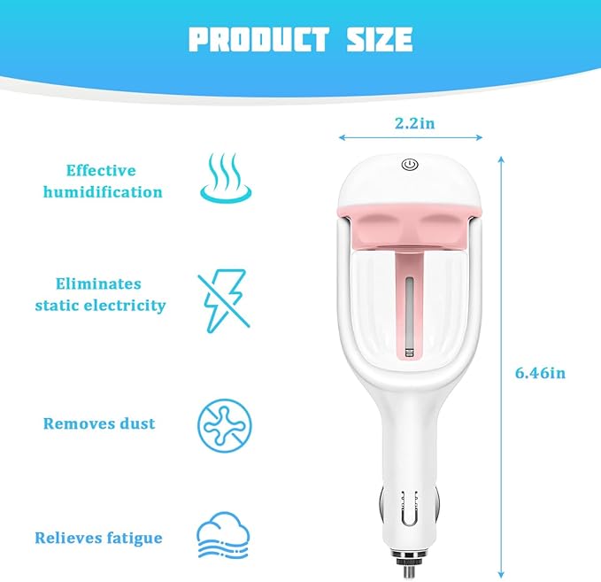 Car Mini Humidifier, Auto Shut-Off 180-Degree Rotation Small Vehicle Purifier Diffuser for Travel, Portable Plug-in Compact Automotive Air Humidifier, Universal for Most Vehicles (Pink)