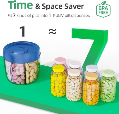 PULIV Portable Pill Dispenser Bottle, Vitamin Organizer with 7 Compartments, Holds Plenty of Supplements with Anti-Mixing & Wide Openings Design, Easy to Retrieve Meds, Includes 20 Labels Royal Blue