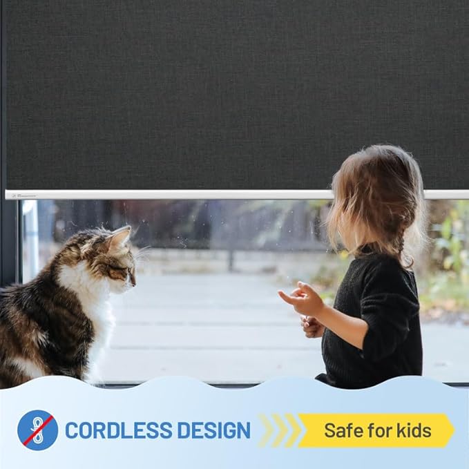 Motorized Blinds with Remote, [Free Solar Panels] Cordless Smart Blinds with Valance Cover, Blackout Electric Blinds with Remote Control, Automatic Roller Shades for Windows Light Black 46" W x 72" H