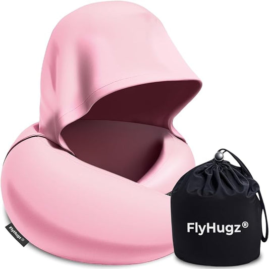 FlyHugz® 2.0 Hooded Travel Pillow – 2026 Original Release – Memory Foam Neck Pillow with Adjustable Hood & Premium Elastic Washable Cover – First Class Comfort for Flights, Road Trips & Sleep- Pink