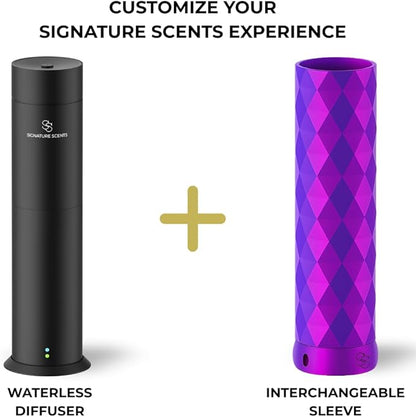 Waterless Essential Oil Hotel Scent Diffuser - Cold Air Diffuser - Covers 1000 sq. ft. - Waterless Diffuser for Home, Office & Hotel (Black + Interchangeable Sleeve) (Black + Purple/Pink/Blue Sleeve)