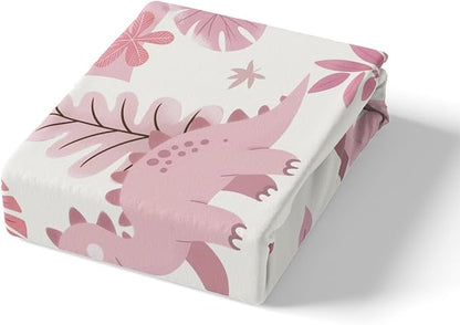 Cartoon Dinosaur Kids Fitted Sheet Twin Size,Palm Leaves Tropical Plants Botanical Bedding Set,Boys Girls Room Decor,Cute Dinosaur Vintage Animals Bed Cover,Pink Bed Sheet,1 Pillowcase