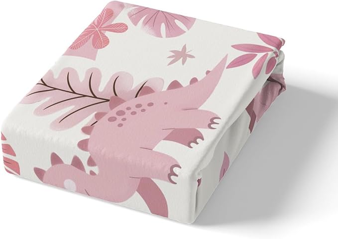 Cartoon Dinosaur Kids Fitted Sheet Full Size,Palm Leaves Tropical Plants Botanical Bedding Set,Boys Girls Room Decor,Cute Dinosaur Vintage Animals Bed Cover,Pink Bed Sheet,2 Pillowcases