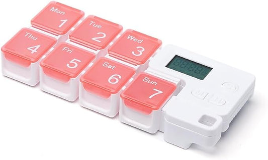 Automatic Pill Dispenser with Built-in Digital Clock & Reminder System Portable 7-Compartment Medicine Organizer with Flexible Design (Red, 7Compartments)