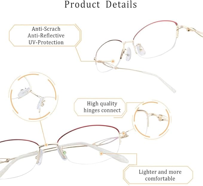 LifeArt Alloy Semi-Rimless Reading Glasses,Blue Light Blocking Glasses, Anti Eyestrain, Computer Gaming Glasses, TV Glasses for Women Men, Anti Glare (Golden, +3.00 Magnification)