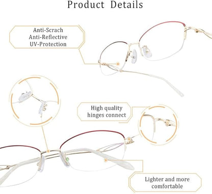 LifeArt Alloy Semi-Rimless Reading Glasses,Blue Light Blocking Glasses, Anti Eyestrain, Computer Gaming Glasses, TV Glasses for Women Men, Anti Glare (Golden, +3.00 Magnification)
