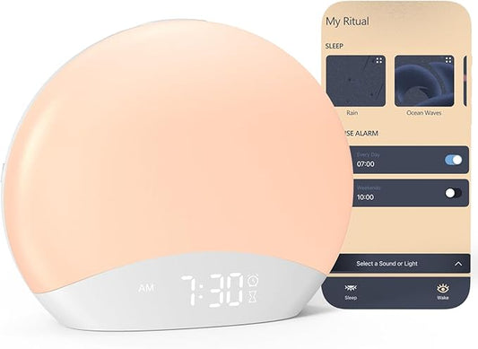 REACHER R7APP Smart Sunrise Alarm Clock with App Control, Custom Wake & Sleep Routines - Multi Sunrise Color, White Noise Sound Machine, Dimmable Display | Night Light, Screen-Free Sleep