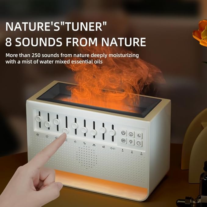 White Noise Sound Machine & Humidifier with Bluetooth Speaker, Sleep Aid Essential Oil Diffuser for Adults/Babies, Realistic Flame Lamp, Timer & Auto-Off for Deep Sleep.
