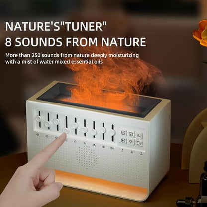 White Noise Sound Machine & Humidifier with Bluetooth Speaker, Sleep Aid Essential Oil Diffuser for Adults/Babies, Realistic Flame Lamp, Timer & Auto-Off for Deep Sleep.