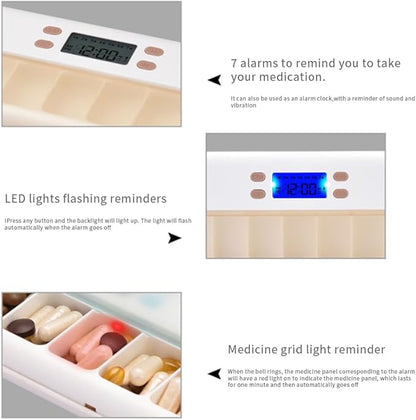Automatic Medicine Dispenser - 7 Alarms (Beep, Vibration, Light), Large Compartments, Moisture-Proof, Portable Pill Organizer with Large Screen & Indicator Lights