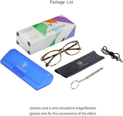 VisionGlobal Blue Light Blocking Glasses for Women/Men, Anti Eyestrain, Computer Reading, TV Glasses, Stylish Square Frame, Anti Glare