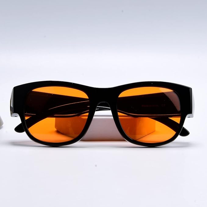 BLUELESS Fits Over Computer Eyeglasses with Orange Tinted Sleep Glasses, Black
