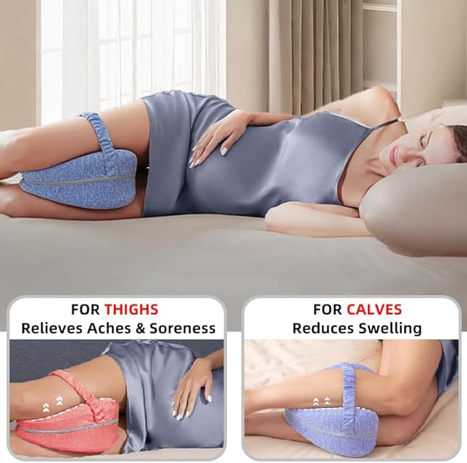 Knee Pillow for Side Sleepers, Alignment Pillows for Side Sleepers， Memory Foam Leg Pillow with Sleeping revoget Alignment Pillow for Soothing Pain Relief for Sciatica - Adjustable Strap (Grid Blue)